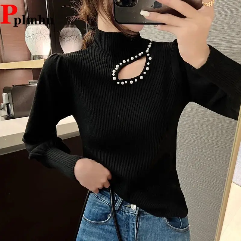 

Casual Design Nail Bead Pullover Elegant Women's Mock Neck Hollow Out Sweater Spring Fall Korean Slim Chic Solid Knitted Tops