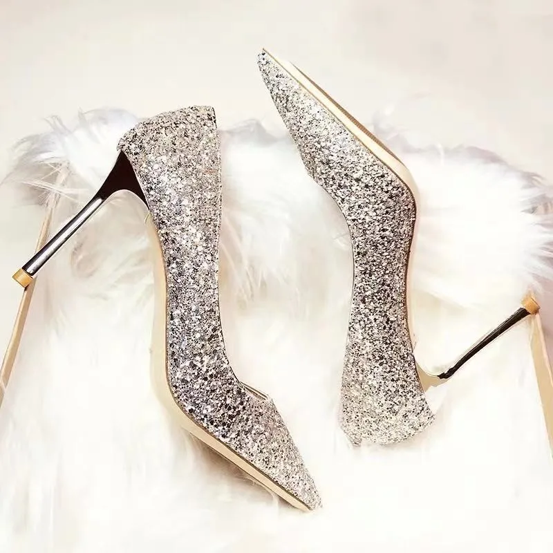 

Туфли-лодочки женские на высоком каблуке, модные блестящие вечерние туфли Мэри Джейн, заостренный носок, серебристые, черные