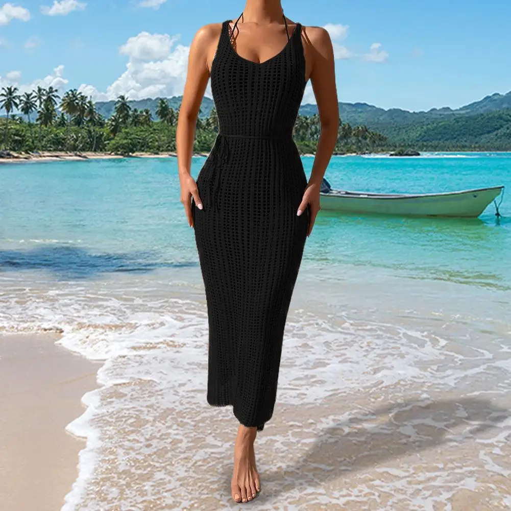 

Women Bikini Cover Ups Solid Color Hollow Sleeveless Backless Belted Beach Dress with Side Slits Swimwear Blouse