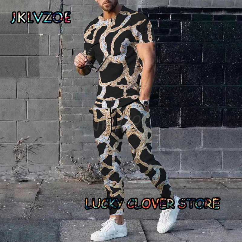 Men Multicolour Tracksuit Print Short Sleeve T shirts+Pants 2 Piece Set Man Outfit Summer Trousers Golden Chain Clothing Suit