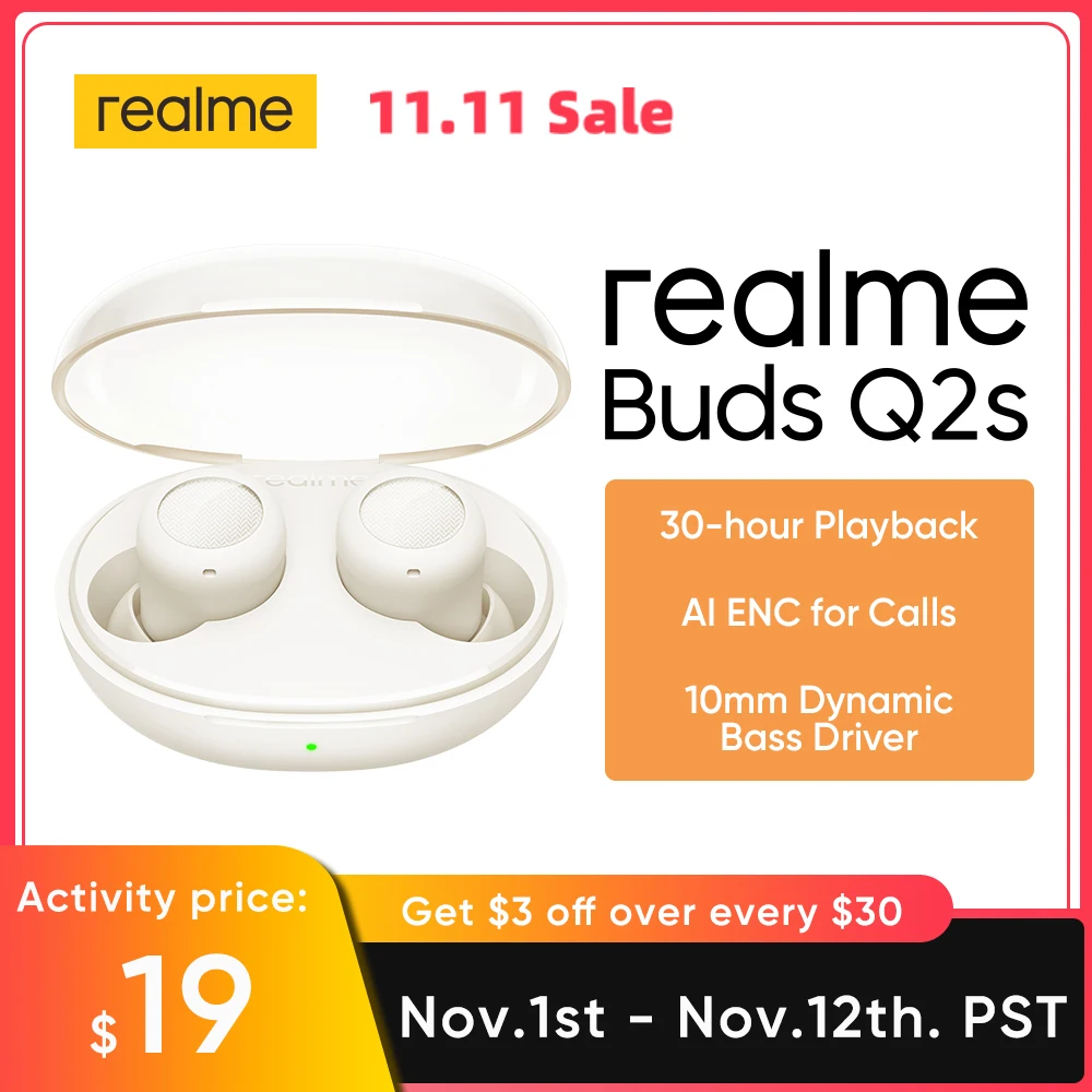 

наушники беспроводные наушники realme Buds Q2s AI ENC Шумоподавление 30 часов общего воспроизведения 10 мм Динамический басовый драйвер IPX4 водонепрон...