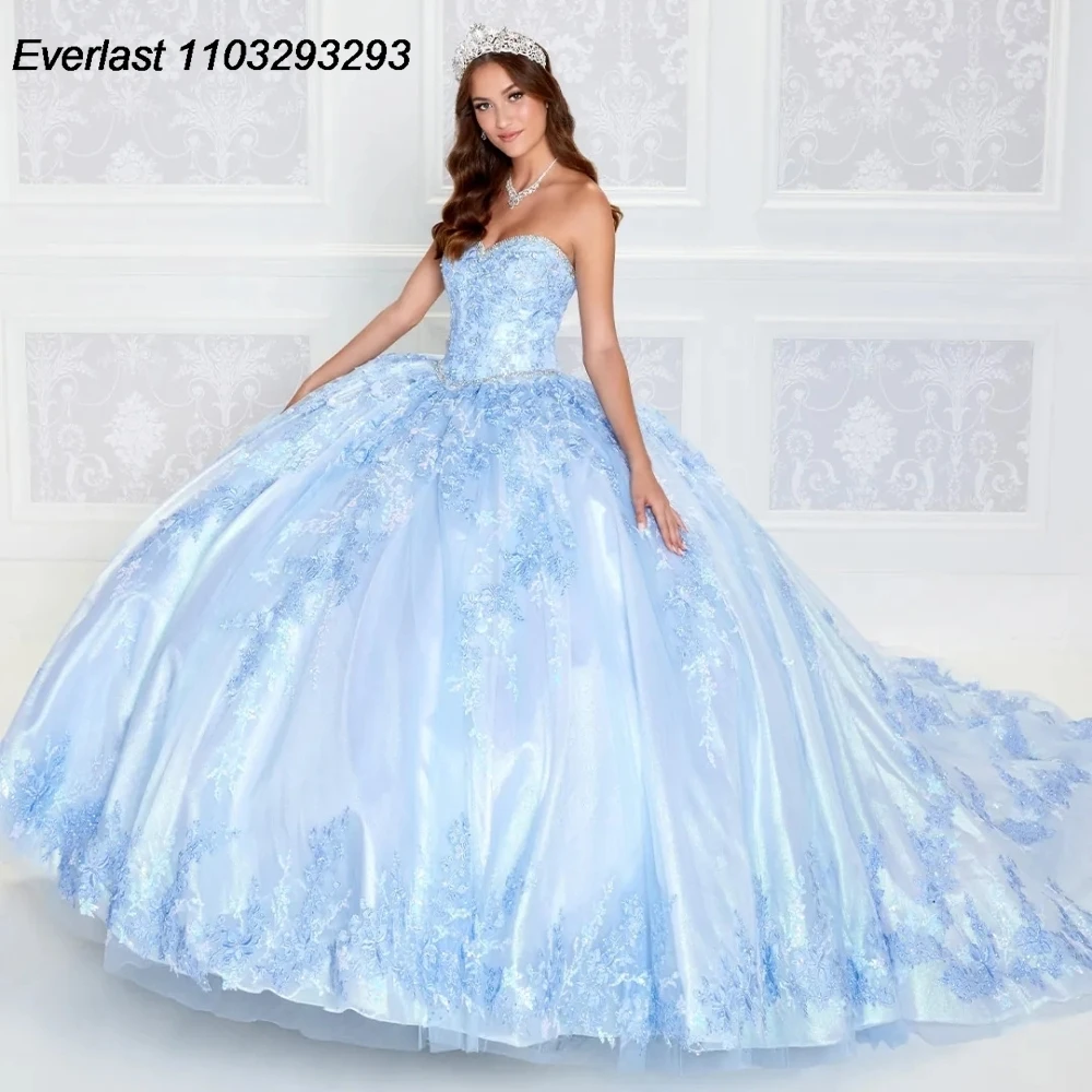 Блестящее синее платье EVLAST для Quinceanera бальное Кружевная аппликация бисером