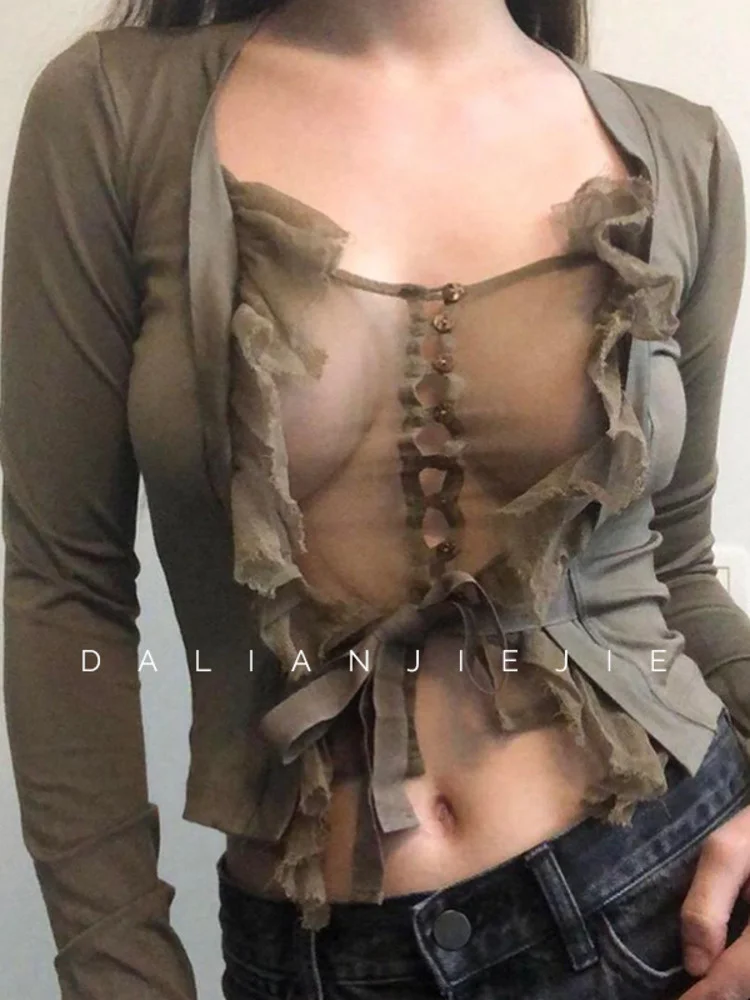 

Футболка женская кружевная Прозрачная с длинным рукавом, до пупка