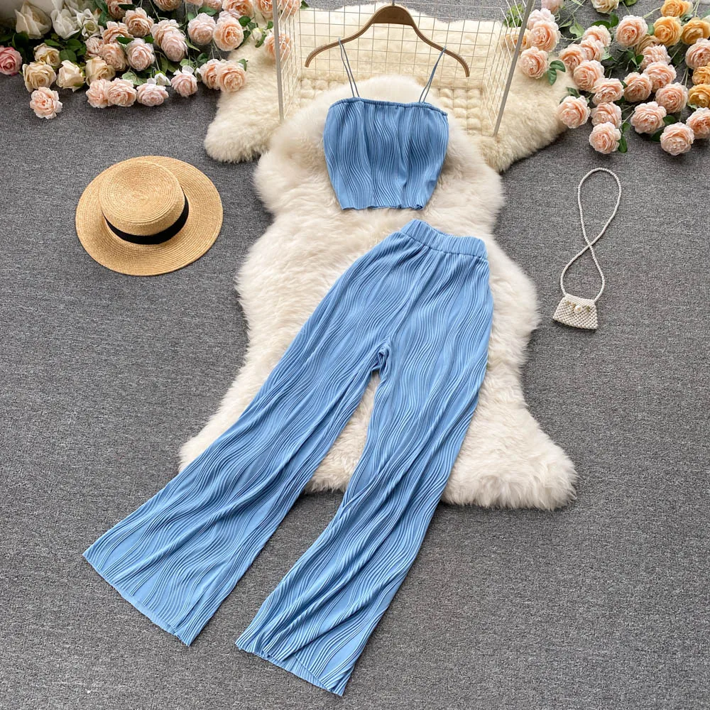 

Vacation Style Female Two-piece Set New Summer Wavy Folds Strapless Cropped Top + High Waist Wide Leg Pants Women Suit