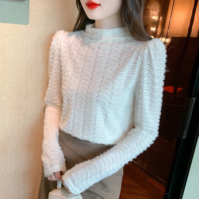 Новая осенняя женская блузка с воротником-стойкой кружевная длинным рукавом