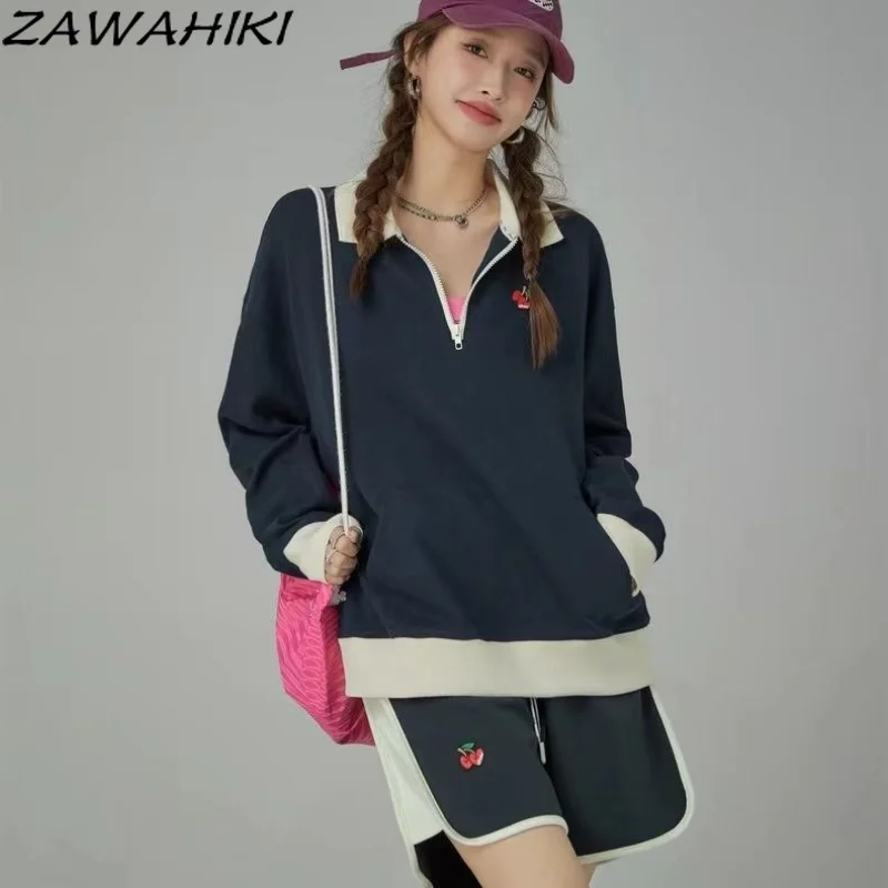 

Y2k Solid Pink Sweatshirts Woman Autumn Winter Zipper Turn Down Collar Pullover Hoodies Casual Streetwear Hoodies Fashion Top