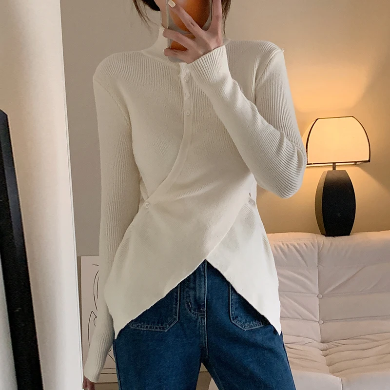 

VANOVICH Korean Style Autumn and Winter New Temperament Solid Color Turtleneck Irregular Criss-Cross Design Slim Split Sweater