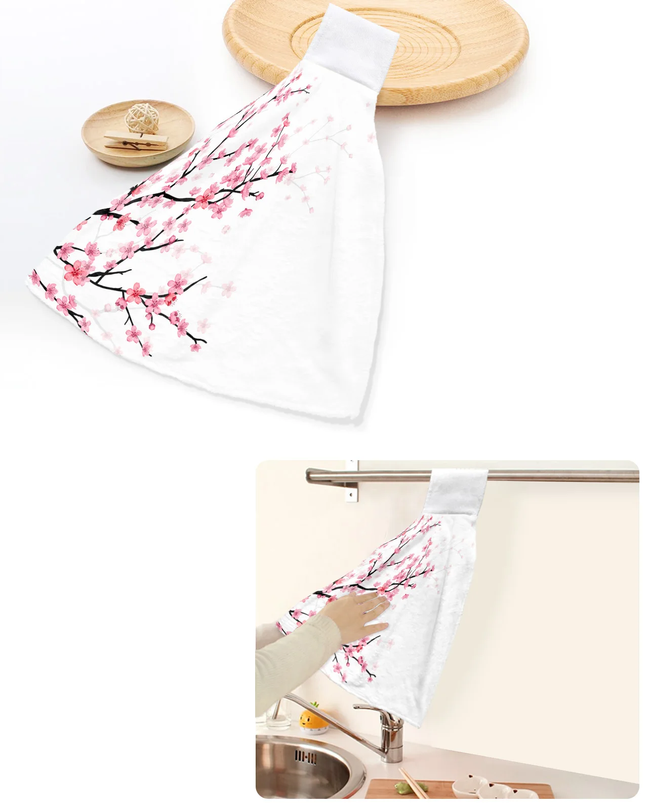 

Spring Pink Flower Cherry Blossom White Hand Towels Home Kitchen Bathroom Hanging Dishcloths Loops Absorbent Custom Wipe Towel