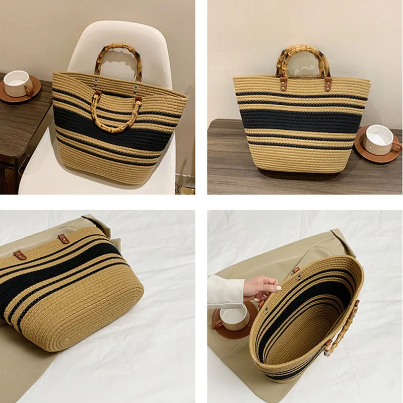Holiday Travel Large Capacity Tote Beach Bags Women's New Fashion Knitted Handheld Shoulder Bag Simple Leisure Commuting Satchel