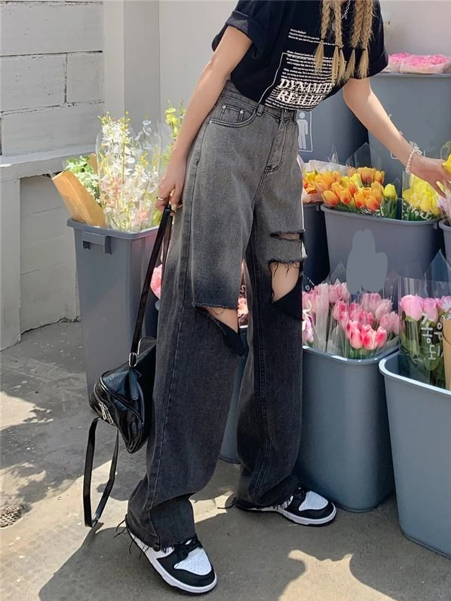 Джинсы женские рваные прямые в стиле Харадзюку забавные брюки-карго свободного