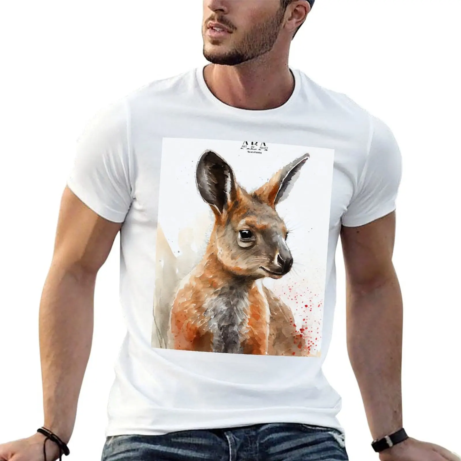 Фото Футболка с изображением австралийских наземных млекопитающих Wallaby - Watercolor Paint, мужские футболки с графическим рисунком, футболка с индивидуальным принтом №1
