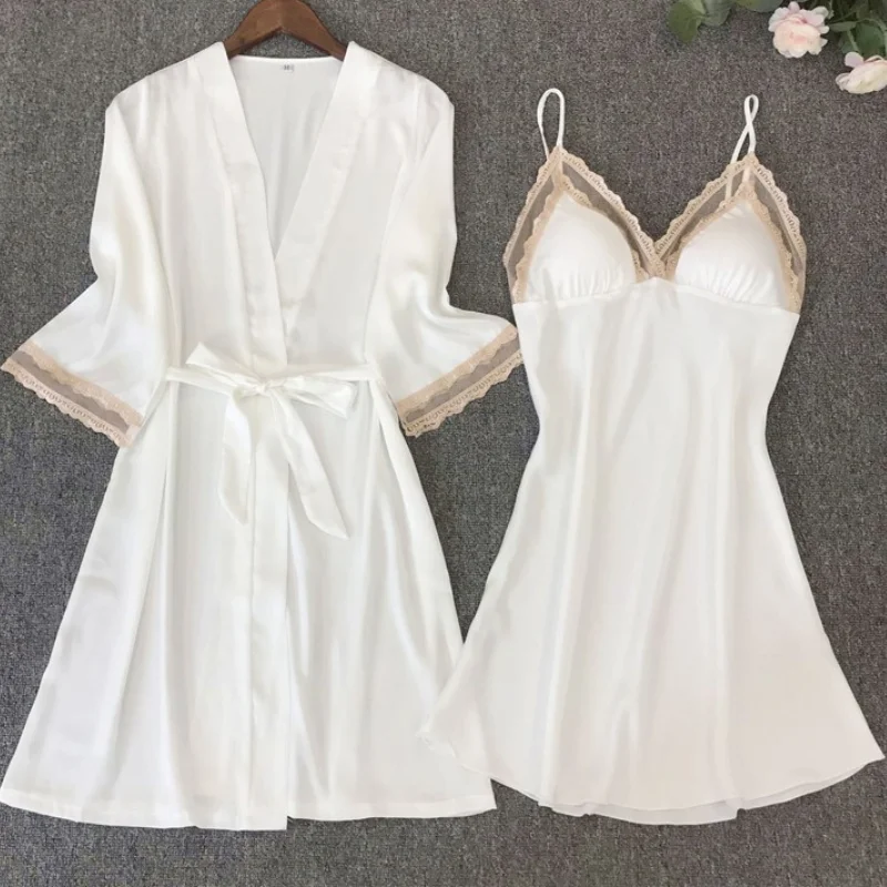 

Women Kimono Bathrobe Gown White Satin 2PCS Sleep Set Bride Bridesmaid Wedding Robe Silky Nighty&Robe Suit Intimate Lingerie