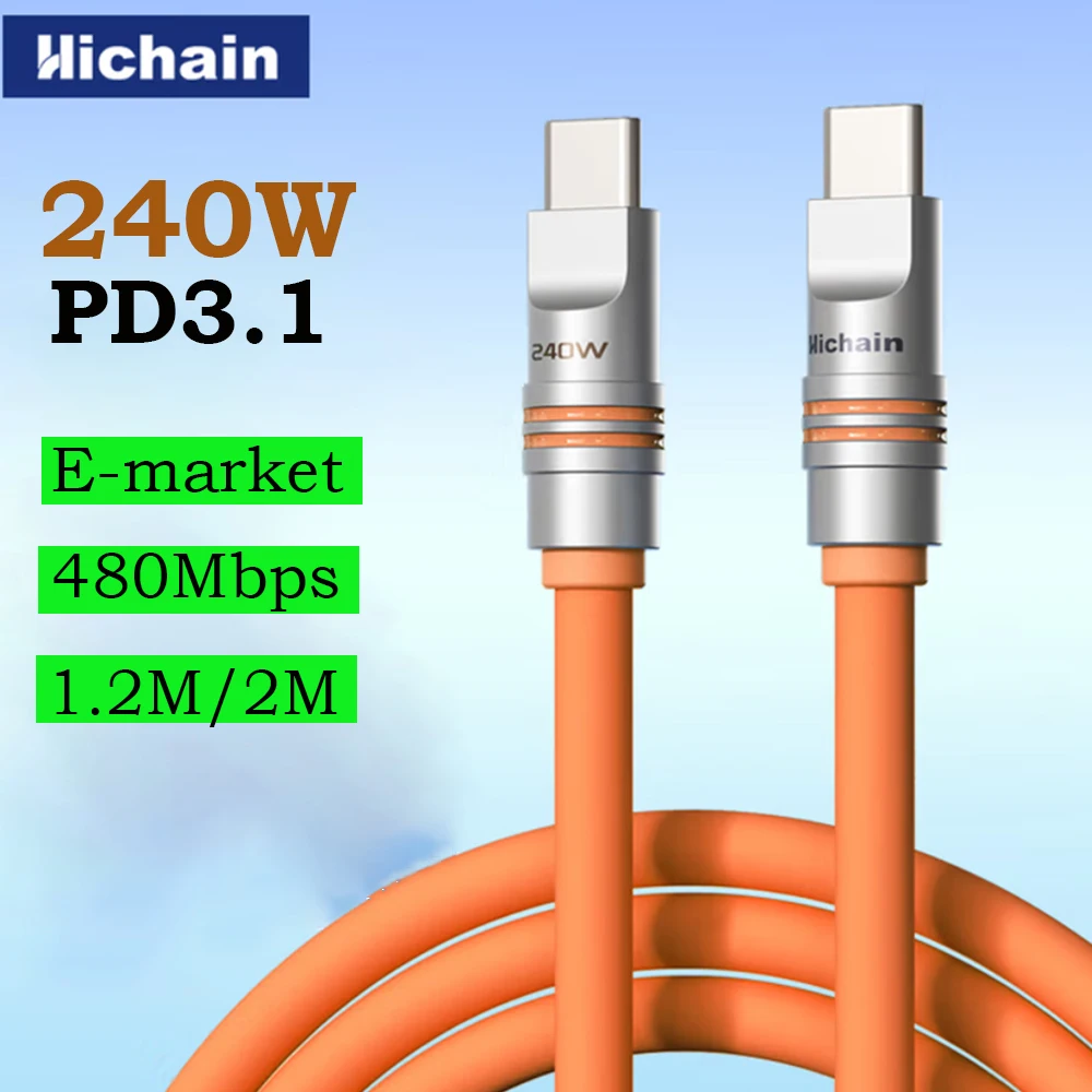 Фото Hichain PD240W USB C Кабель для быстрой зарядки Мягкий жидкий силиконовый кабель типа C для iphone Ноутбук Планшеты Наушники 1,2 м/2 м №1