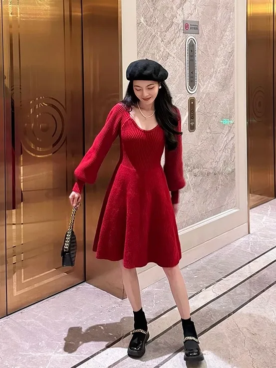 Малуань Рождество Новый год помолвка красное платье свитер зимняя вязаная юбка