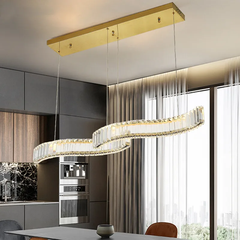 

Modern Dining Room Dimmable Led Pendant Lights Gold / Chrome Wave Steel Lustre K9 Crystal Led Luminarias Adjustable Hanging Lamp