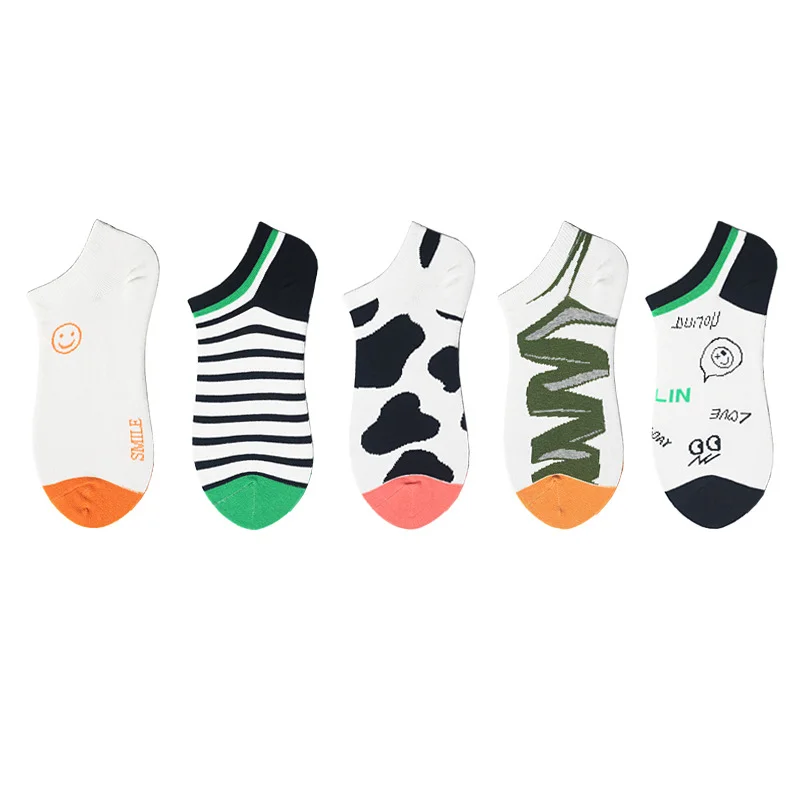 

Spring and Summer New Socks Trend Pattern Striped Cow Spot Color Matching Smiley Wild Men and Women Boat Socks