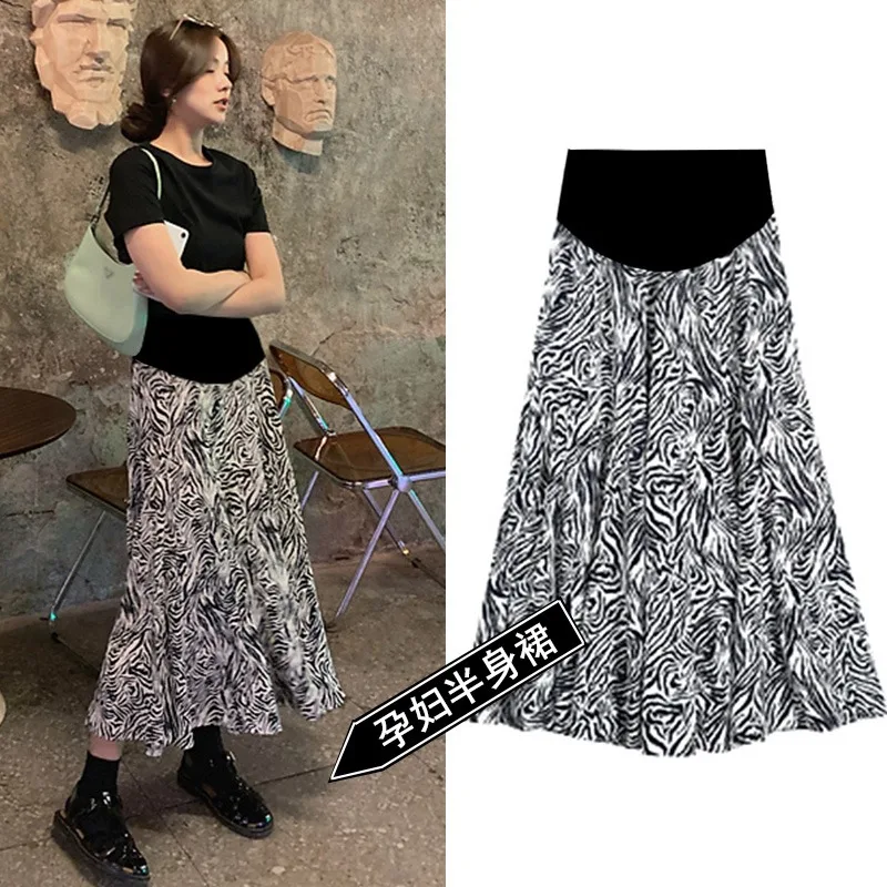 

208# Summer Printed Chiffon Maternity Skirts Elastic Waist Belly A Line Clothes for Pregnant Women Pregnancy Bottoms