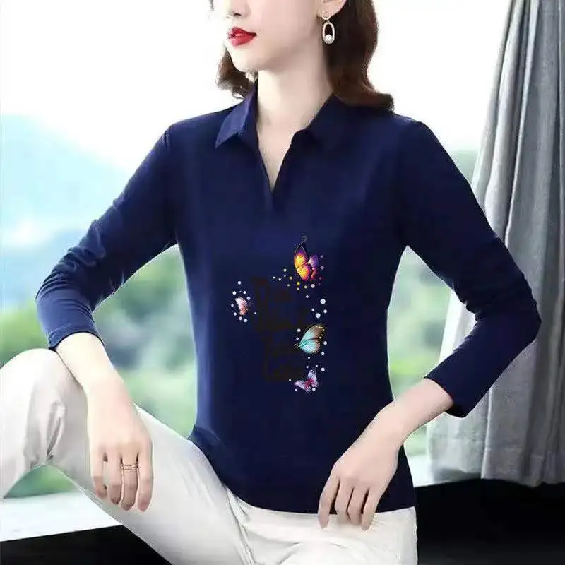 Женская хлопковая Футболка-поло с длинным рукавом и цветочным принтом