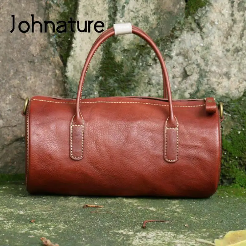 Johnature Genuine Leather Leisure Handbag Versatile Solid Color Handbag Simple Natural Soft Cowhide Shoulder & Crossbody Bags