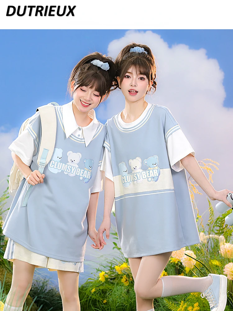 

Summer Cartoon Printed Contrast Colors False-Two-Piece Mid-Length T-shirt Student Short Sleeve Versatile Loose Ladies Tops