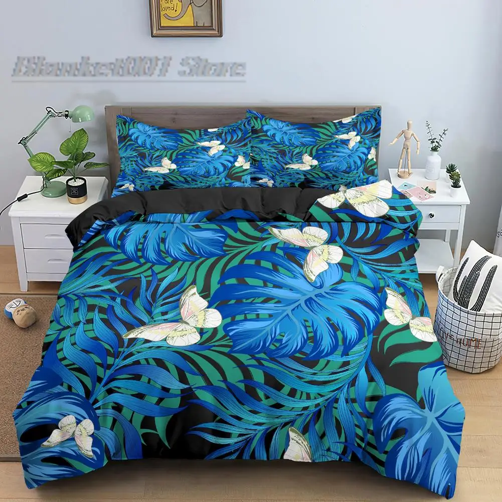 

Tropical Leaves Butterfly Printed Duvet Cover Bedding Sets With Pillow Case Luxury Polyester Bedspread Queen/King Size Gifts