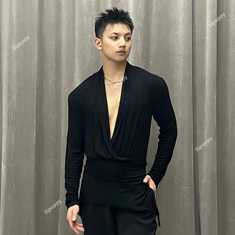 Топ Мужской для латиноамериканских танцев с длинным рукавом и V-образным вырезом