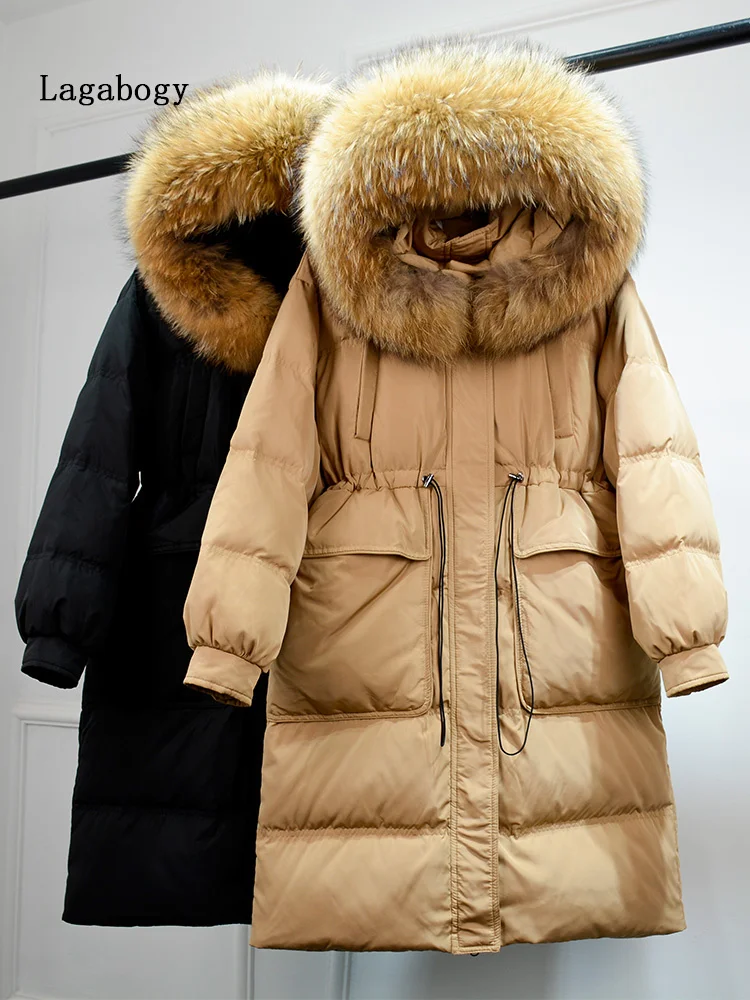 2022 Winter Warm 90% White Duck Down Parkas Women Large Natural Fur Collar Hooded Long Puffer Jacket Coat Loose Outwear