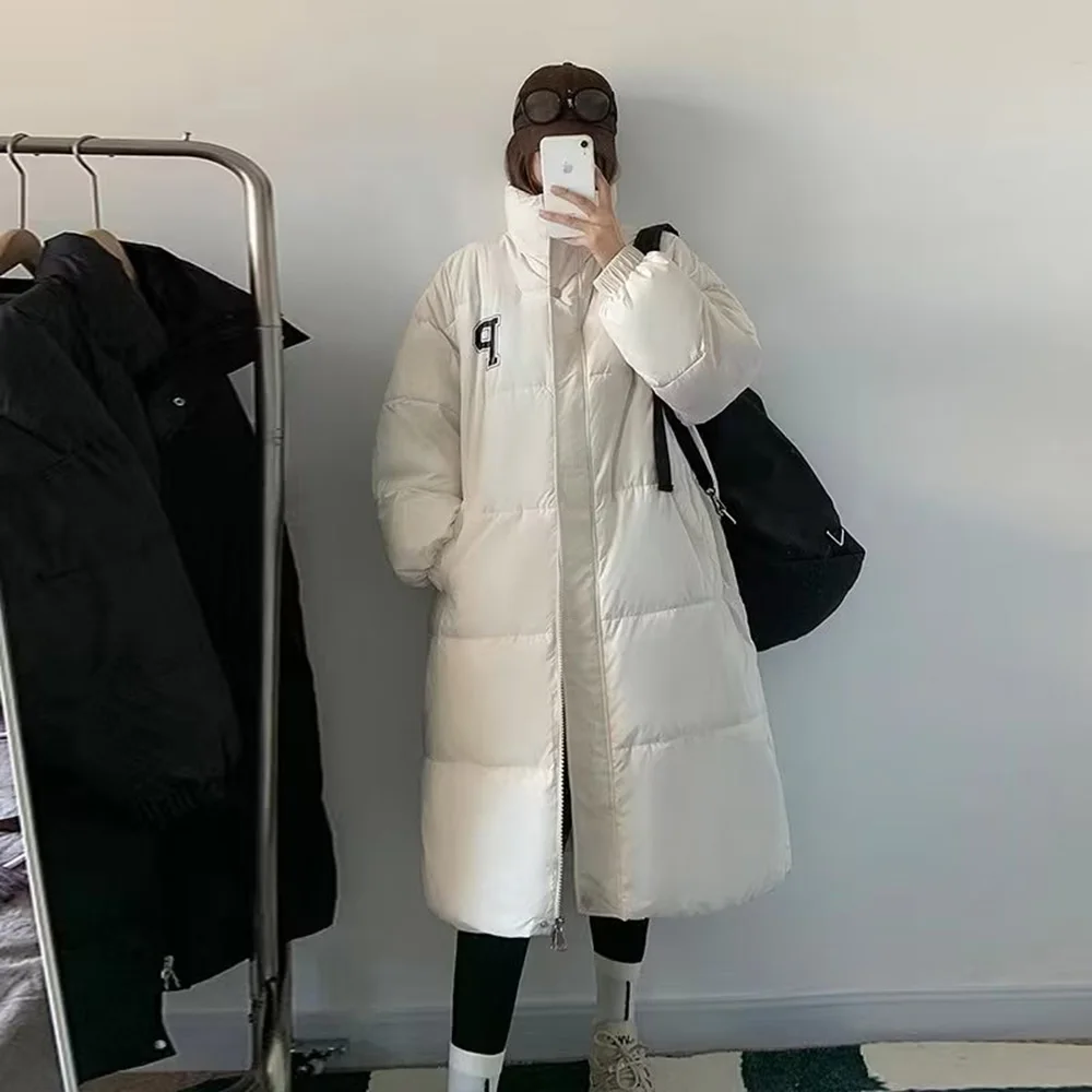 

PB&ZA Korean Fashion Winter Clothes Women Padded Jacket Sporty Casual Long Coat Solid Stand Collar Letter Loose Femme Outerwear