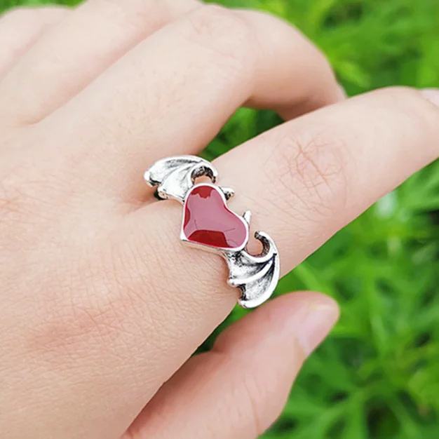 Металлические панк-кольца с изображением темной души демона, летучей мыши и сердца, черно-красное кольцо ювелирного изделия для пальцев мужчин и женщин, диаметром 15 мм, подарок для влюбленных.