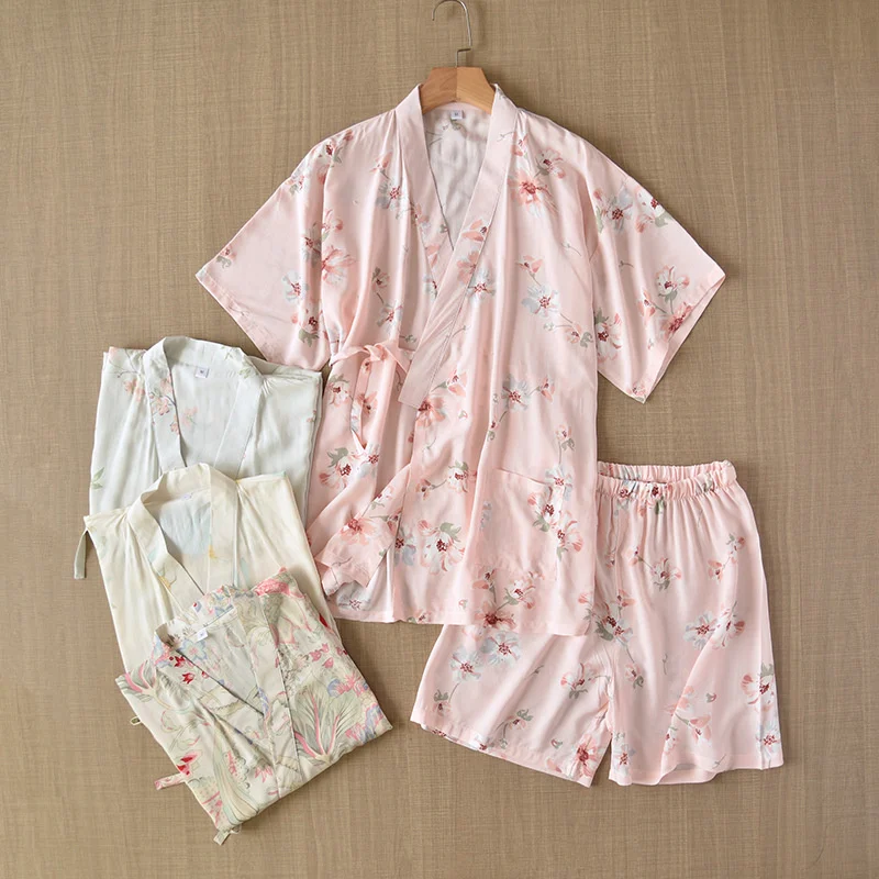

Japanese-style kimono short-sleeved shorts summer ladies pajamas suit cotton home service suit pajamas women pink pajamas suit