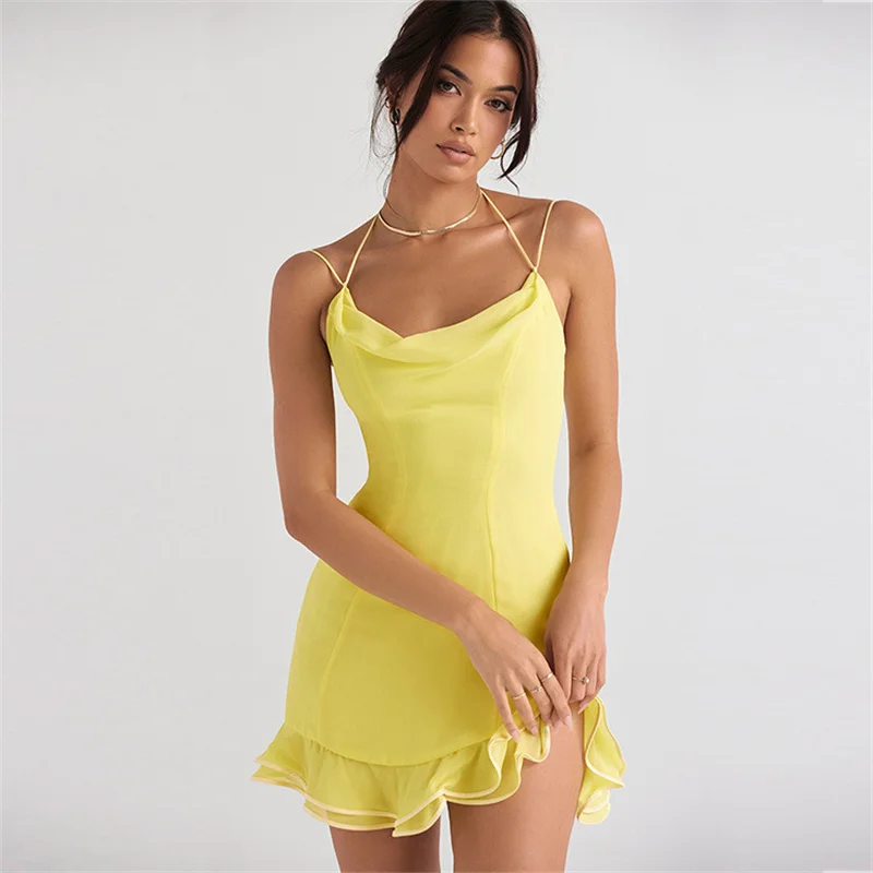 

Женское платье в европейском и американском стиле, кружевная юбка на бретелях с воротником-стойкой и открытой спиной, Новинка лета 2023