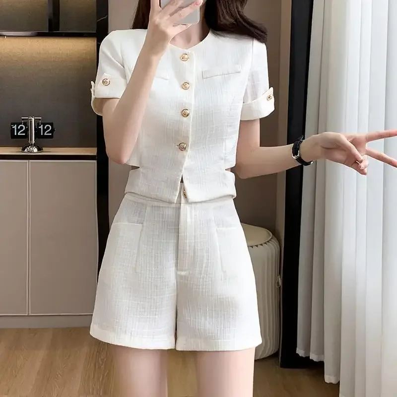 Элегантный твидовый костюм женский топ с короткими рукавами шорты комплект из 2