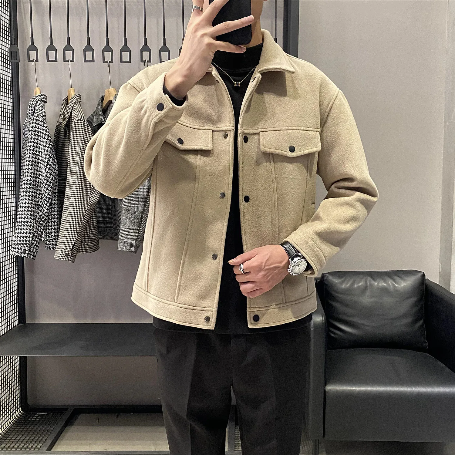 

Men's Woolen Coat Men's Spring and Autumn Korean Version of The Lapel Woolen Coat Winter Thick Casual Jacket Men Clothing 3XL
