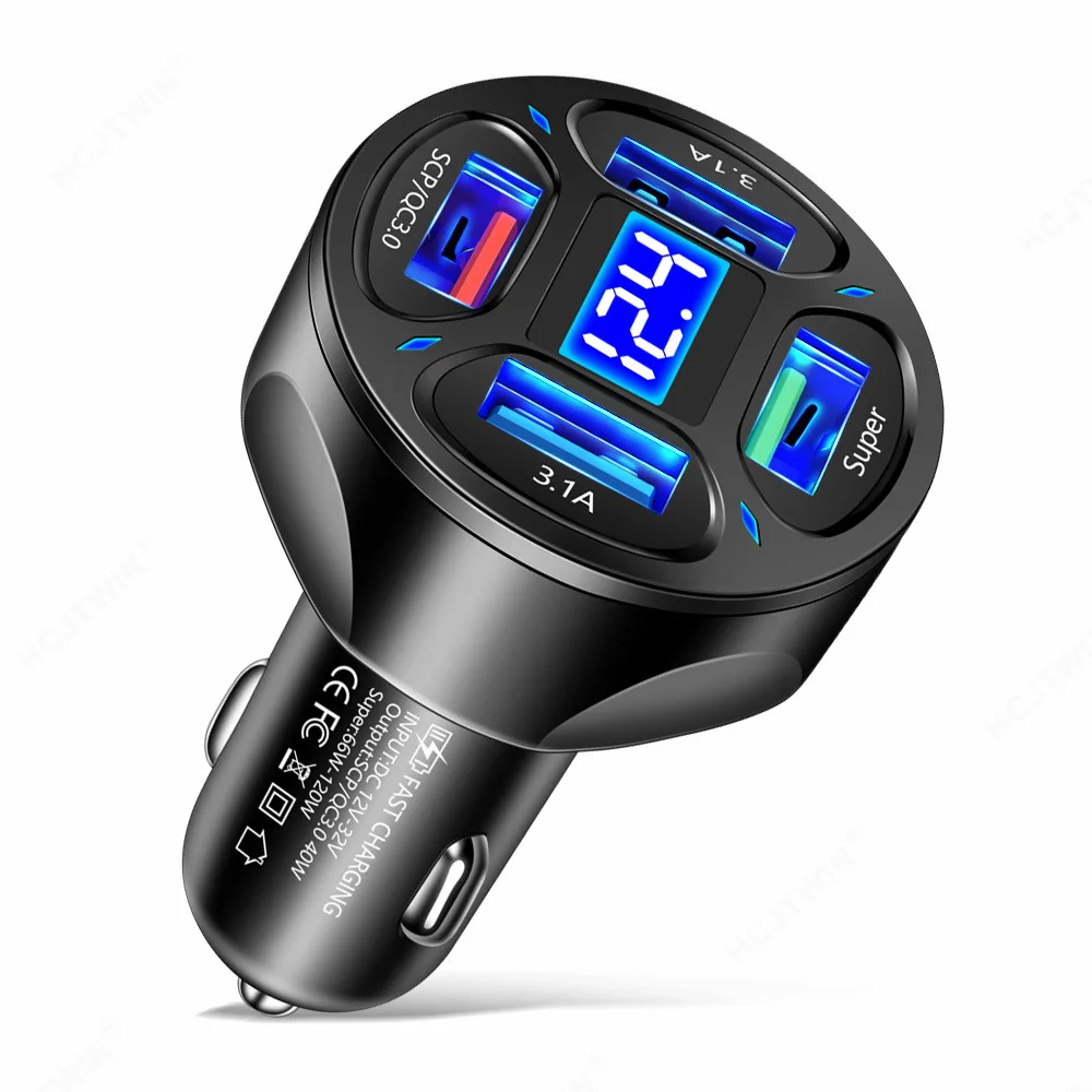 

66W 4USB Digital Display Car Charger Support Super Fast Charger for Huawei Car Charger Fast Charger Car Charger