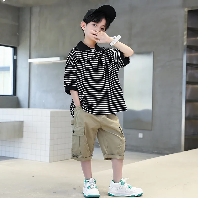 2022 New Summer Kids Children Polo Shirt + Pants 2 Pieces Set Teenage Boys Casual Striped Clothes Fashion Cotton Tracksuit 4-14Y