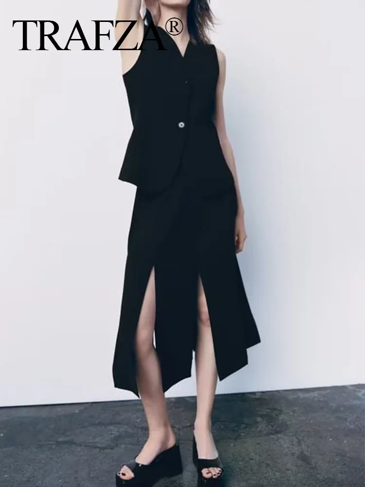 

TRAF ZA Woman Elegant Solid Color Single-Breasted Sleeveless Slim Vest Top＋Female Fashion Vintage Commuter Hem Slit Zipper Skirt