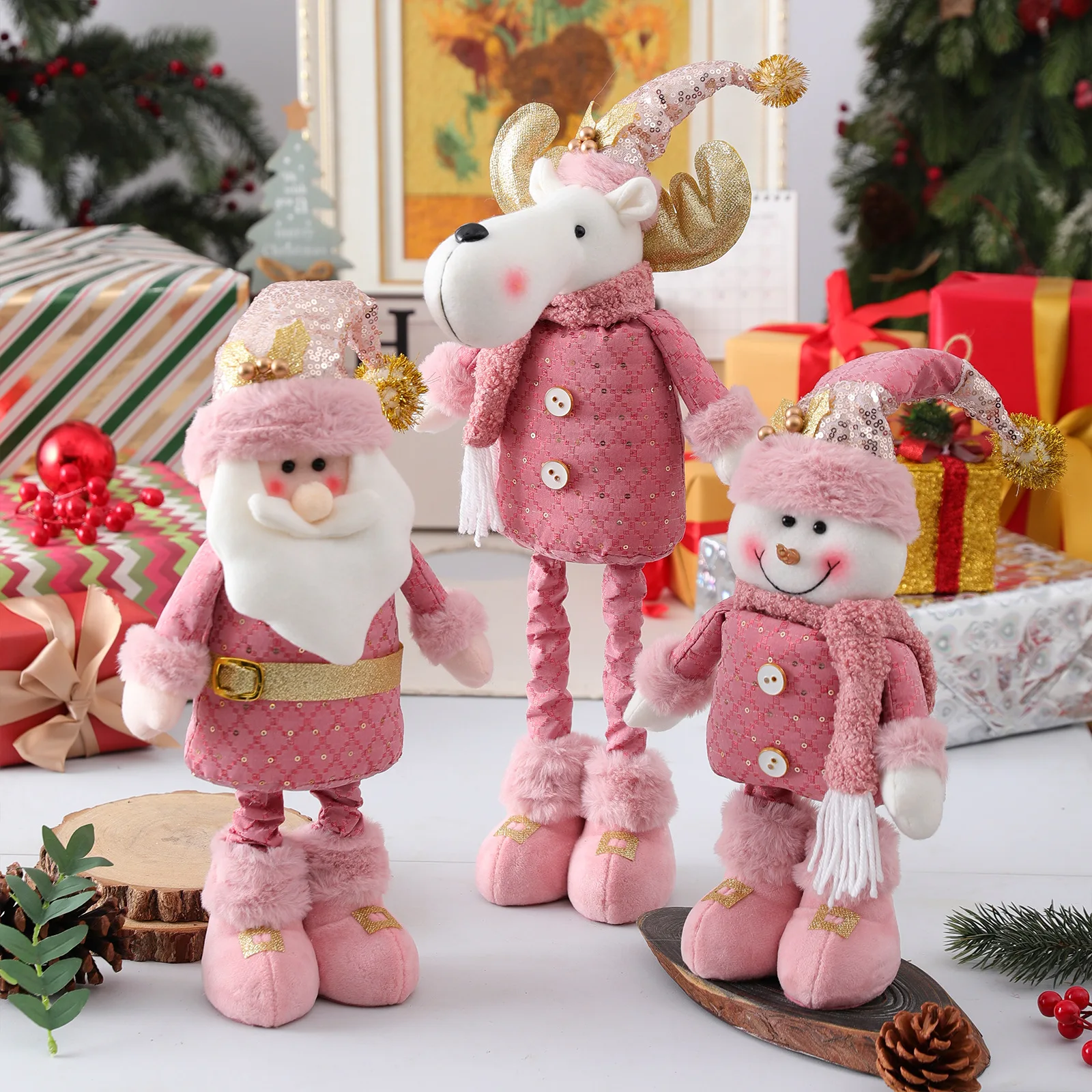 

Pink Telescopic Long Legs Christmas Theme Snowman Santa Claus Elk Doll Noel Window Display Merry Christmas Gift Happy New Year