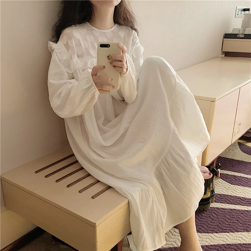 100% Cotton White Nightgown Heart Ruffles Long Sleeve Kawaii Night Dress Loose Autumn Long Sleepwear Casual Elegant Ins