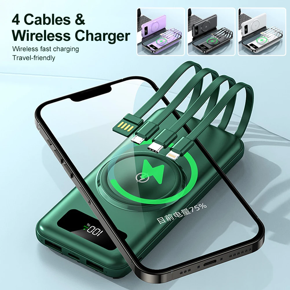 

20000mAh Wireless Fast Charging Power Bank Portable Built-in Cable Power Bank Mobile Phone Quick Charger For IPhone 14 15 Huawei