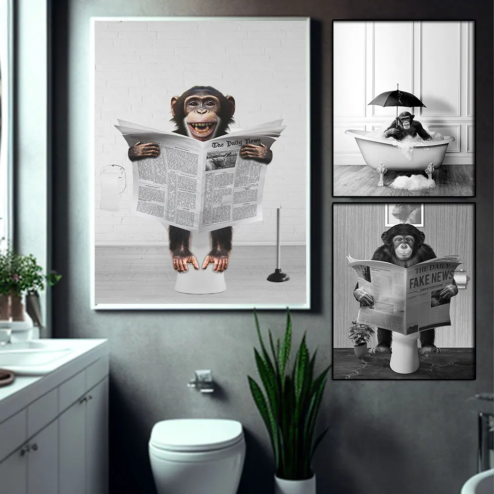 

Funny Animal In Toilet Canvas Painting Gorilla Poster And Print Monkey Pictrure For Bathroom Home Farmhouse Wall Art Decor Gift