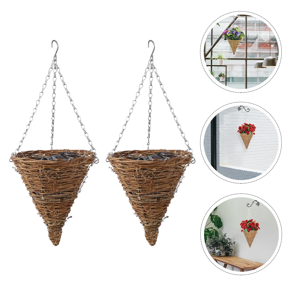 

2pcs Cone Hanging Basket Weaving Rattan Flower Arranging Basket Cone Shaped Flower Basket for Balcony Outdoor