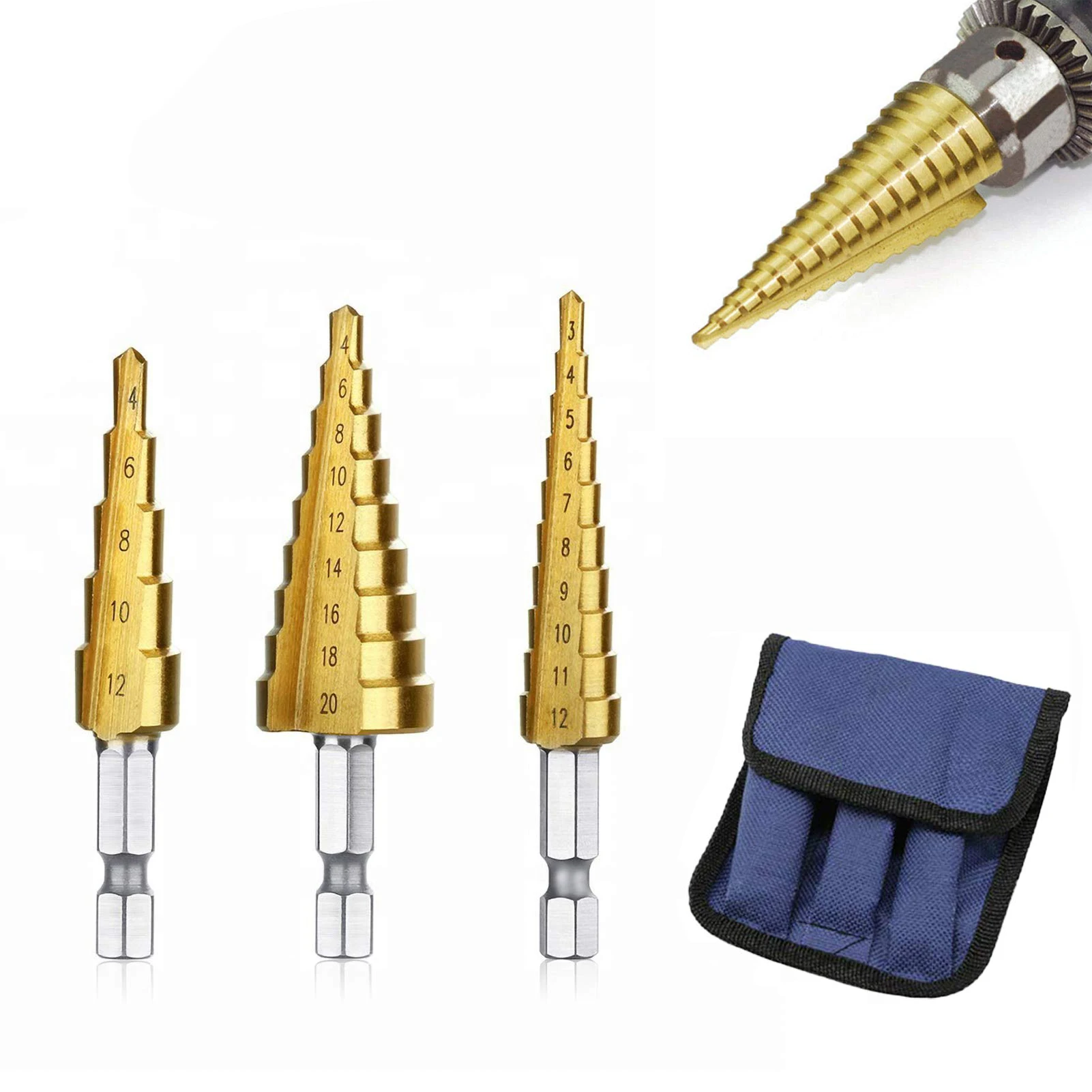 

3Pcs/Set HSS Straight Groove Step Drill Bit 3-12mm 4-12mm 4-20mm Titanium Coated Cone Drill Set Hole Cutter Woodworking Tools