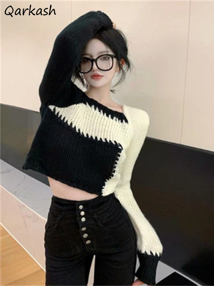 

Cropped Pullovers Women Patchwork Streetwear Elegant Sexy Females Design Autumn Knitwear Stylish All-match Harajuku Korean Style