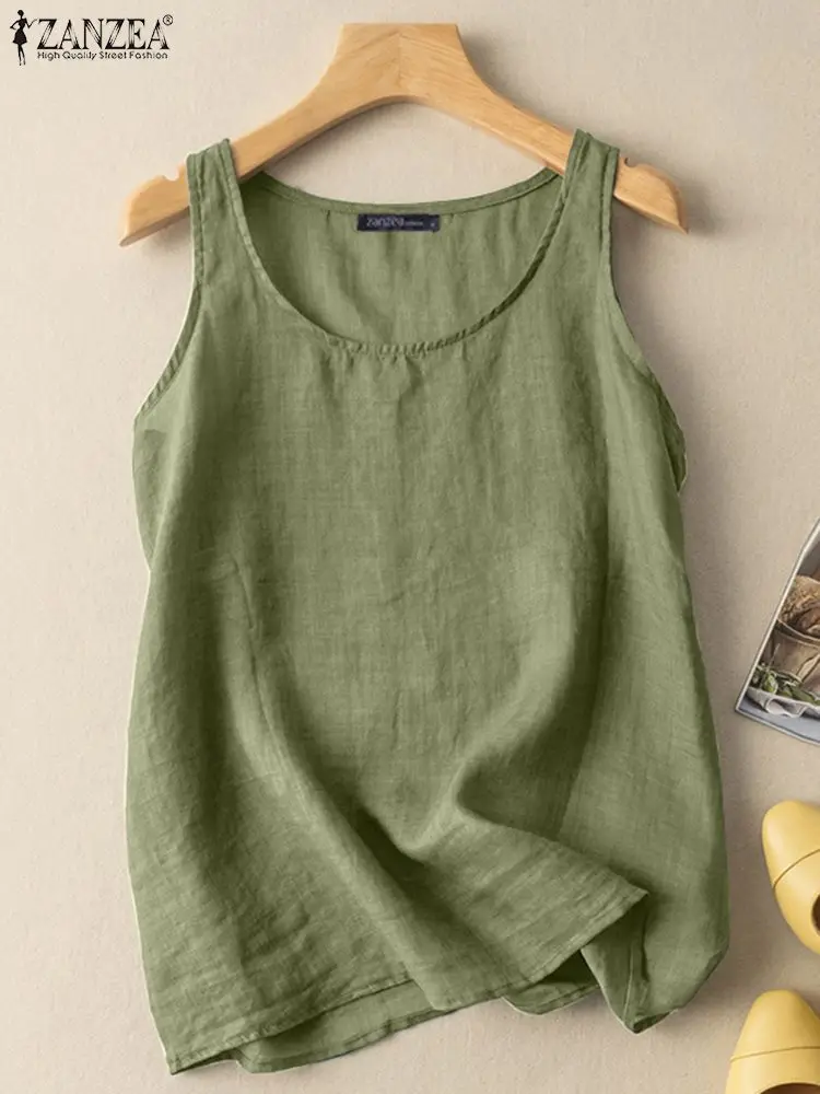 

Fashion Solid Tank Tops Women Summer Blouses ZANZEA 2022 Casual Sleeveless Cotton Blusas Female Holiday Tunic Chemise Oversized