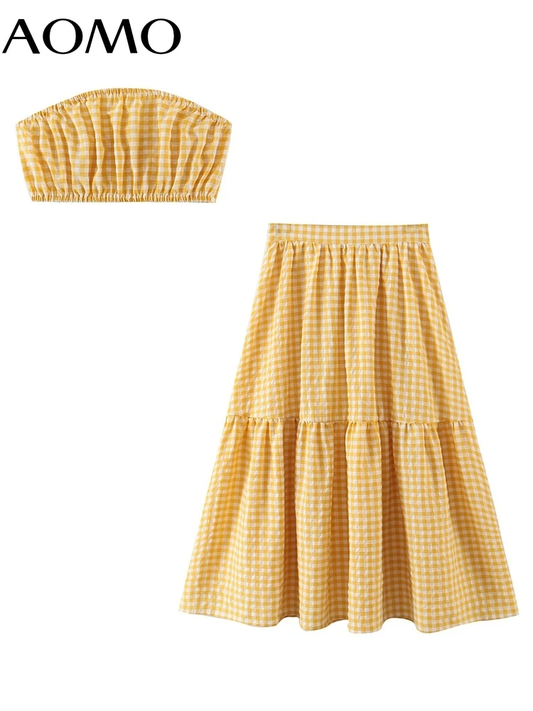 

AOMO, летний женский желтый цвет, модель 2022 года, модный новый костюм из двух предметов, милый топ и юбка SL86A
