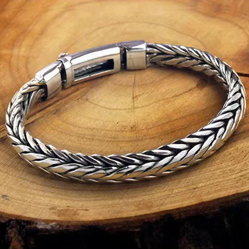 

New S925 Silver Bracelet Aggressive Retro Weave Cuff Men's Personality Keel Engraved Bangles Leisure Fashion Jewelry Luxury Gift