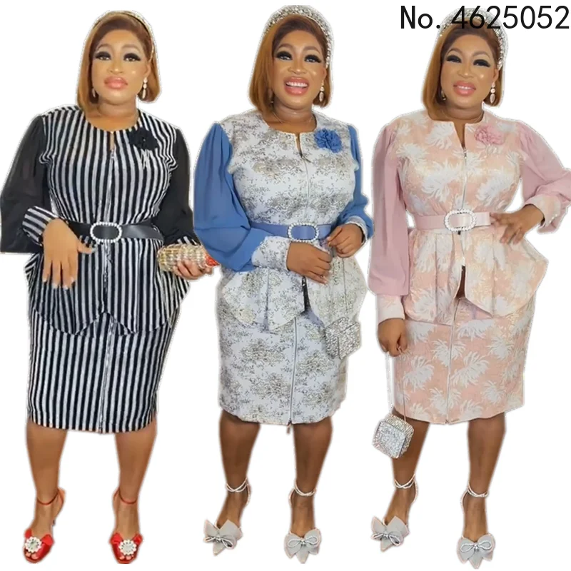 

Модный новый комплект из двух предметов в африканском стиле для женщин Весна-Лето Топы на молнии с длинным рукавом и облегающая юбка элеган...