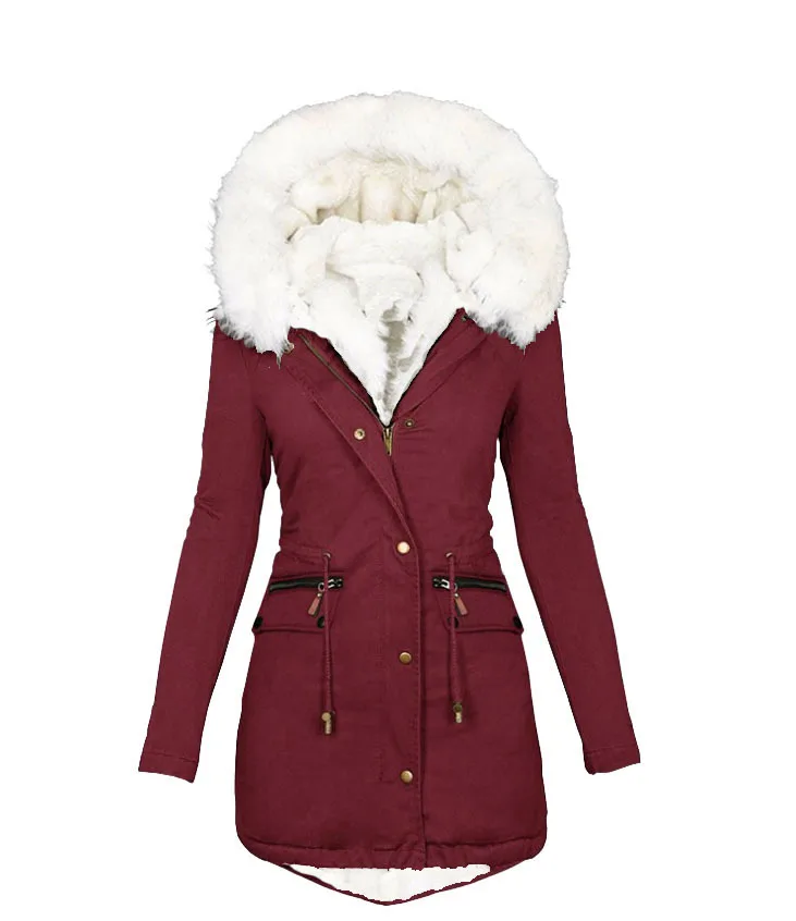 2022 Autumn and Winter Padded Waist Women's Cotton Jacket, Fashion White Fur Collar Coat Hooded Warm Jacket Loose Parkas Women