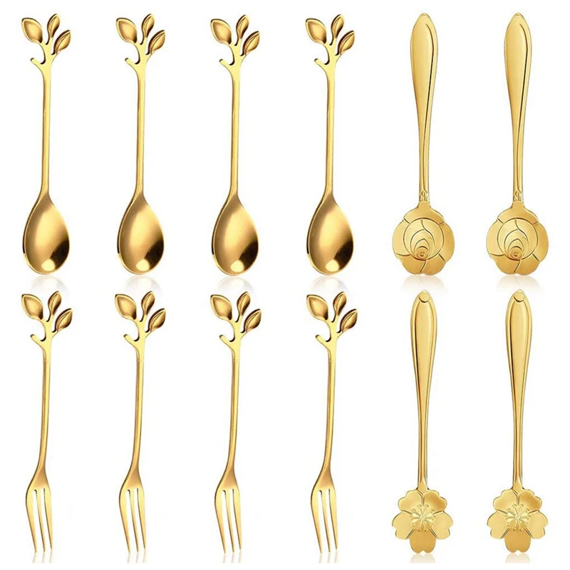 

Кофейные ложки в форме листьев, искусственные квадратные щипцы для сахара, десертные ложки, металлические вилки для десерта, кофе, чая, вибр...