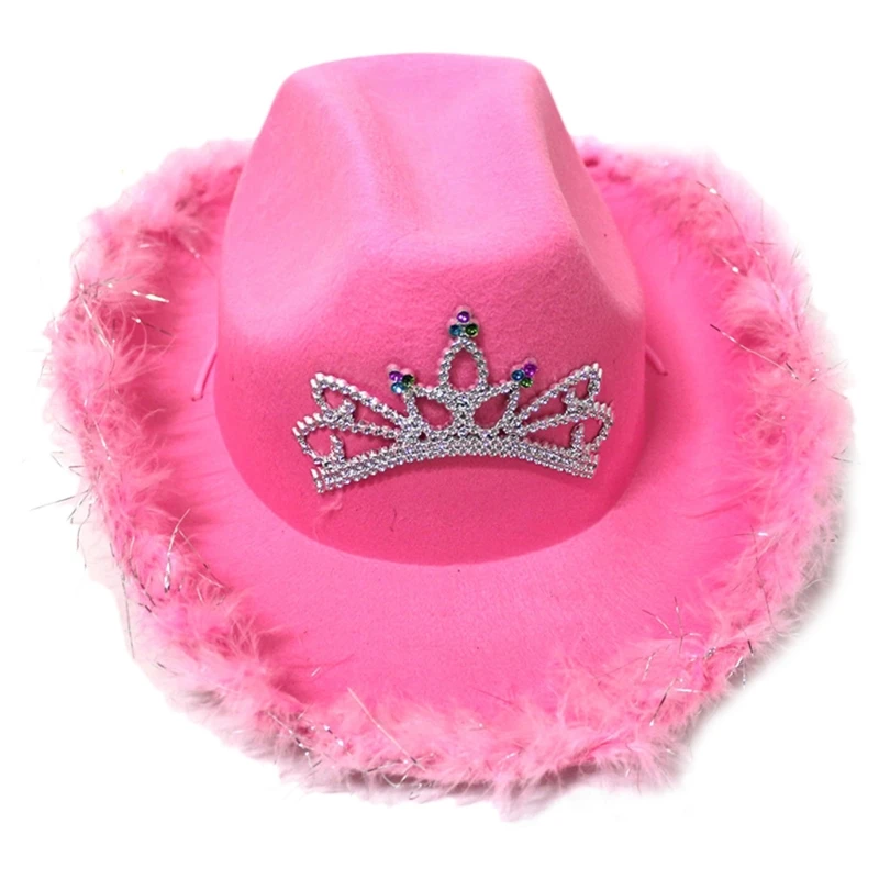 

Украшенная стразами шляпа Cowgirl в розовой тиаре Федора с краями из перьев шляпы для женщин шерстяные в европейском стиле